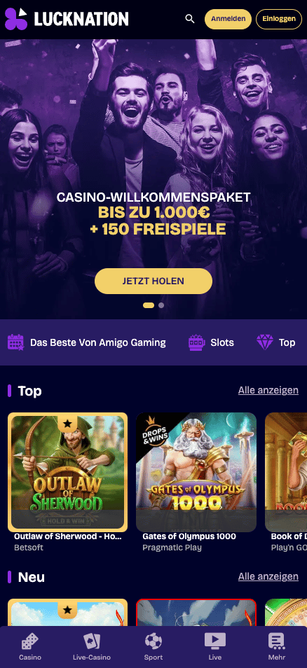 Startseite im LuckNation Casino zeigt Willkommensbonus, Menü und Spielkategorien