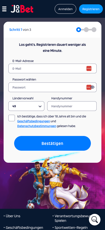 Anmeldeformular im Jaabet Casino