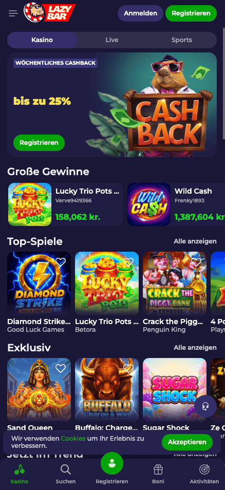 Startseite im Lazybar Casino zeigt Cashback, große Gewinne und top Spiele