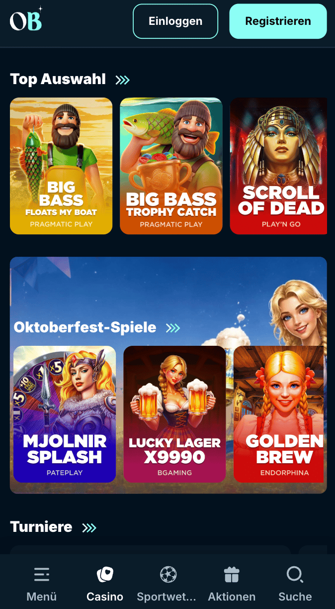 Spiellobby im Orionsbet Casino zeigt top Spiele wie Big Bass Floats my Boat neben anderen Spielkategorien