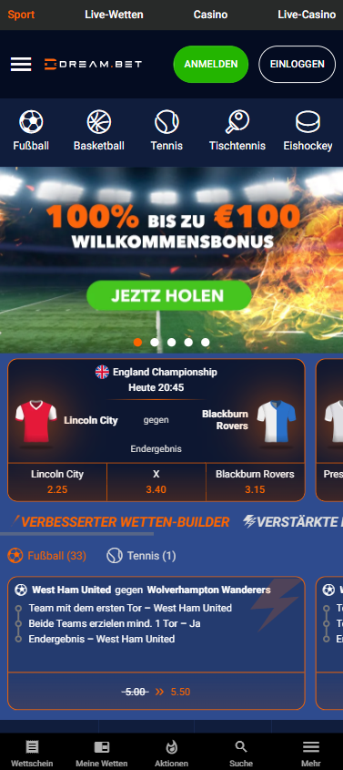 Startseite im Dreambet Casino zeigt Willkommensbonus und Sportwetten