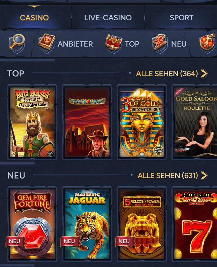 Spielauswahlbeispiel für unbekannte Casinos zeigt Spiele wie Book of Ra