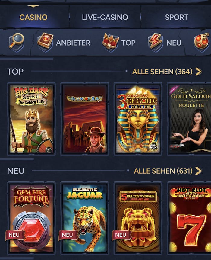 Spielauswahlbeispiel für unbekannte Casinos zeigt Spiele wie Book of Ra