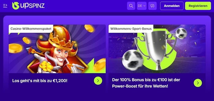 Upspinz Casino Screenshot mit dem Willkommensbonus, man kann sich aus 2 Varianten einen aussuchen.