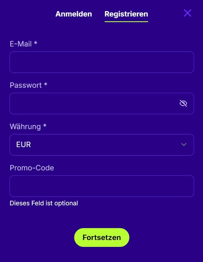Upspinz Casino Screenshot mit der Anmeldeseite zum Eingeben der Daten.
