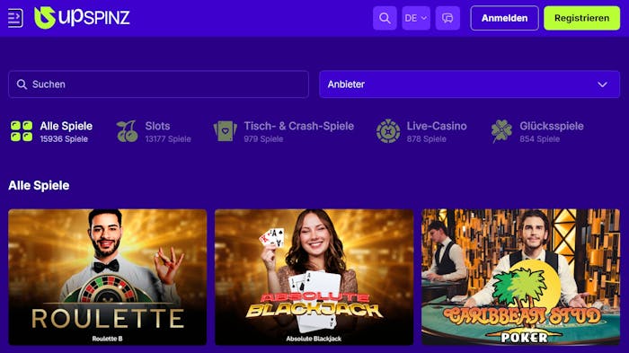 Screenshot vom Upspinz Casino mit der Live Spiele Auswahl, darunter Live Roulette.