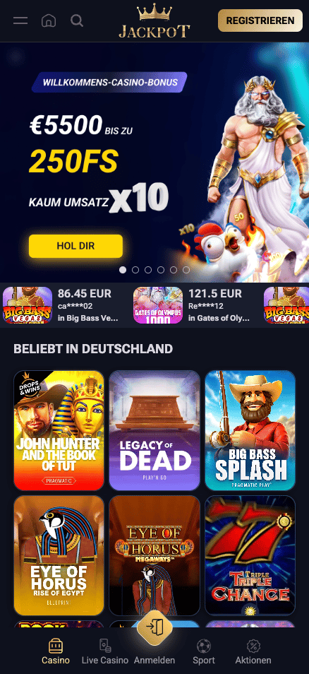 Startseite im Jackpot Casino zeigt Willkommensbonus und beliebte Spiele