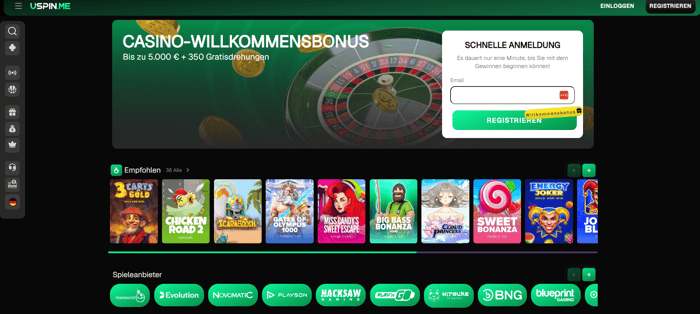 Uspinme Casino Screenshot mit der Startseite, die den Willkommensbonus anzeigt.