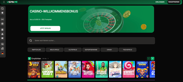 Uspinme Screenshot mit der Spieleseite und der Auswahl der Casino Slots.