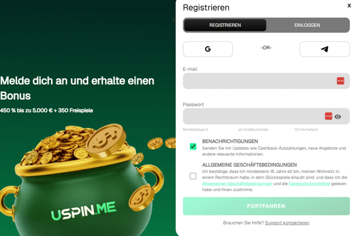 Uspinme Casino Screenshot mit der Registrierungs Seite, auf welcher man die Daten eingibt.