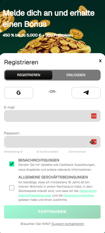 Anmeldeformular im USpinMe Casino