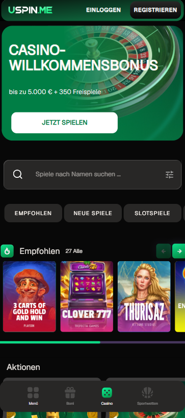 Spiellobby im USpinMe Casino zeigt beliebte Spiele wie Clover 777 neben Suchleiste und anderen Spielkategorien