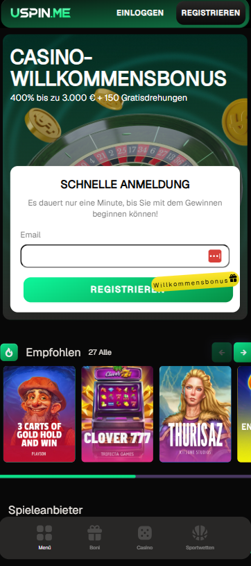 Startseite im USpinMe Casino zeigt Willkommensbonus, Suchleiste und empfohlene Spiele