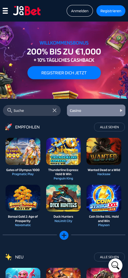 Startseite im Jaabet Casino zeigt Willkommensbonus