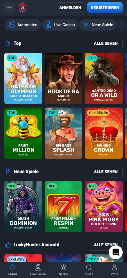 Spiellobby im top Casino Lucky Hunter Casino zeigt Automaten wie 7 Fruit Million neben anderen Spielkategorien