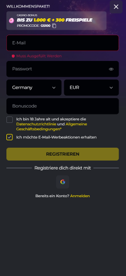 Golden Star Registrierungsformular mit Willkommensbonusangebot