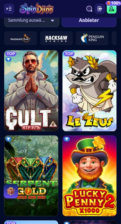 Spiellobby im SpinDjinn Casino zeigt Spiele wie Le Zeus neben Anbieterfilter und Sammlungen