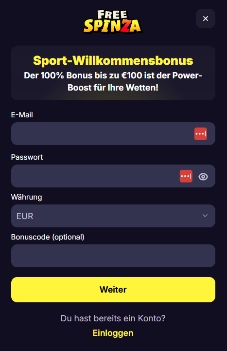 Anmeldeformular im Freespinza Casino