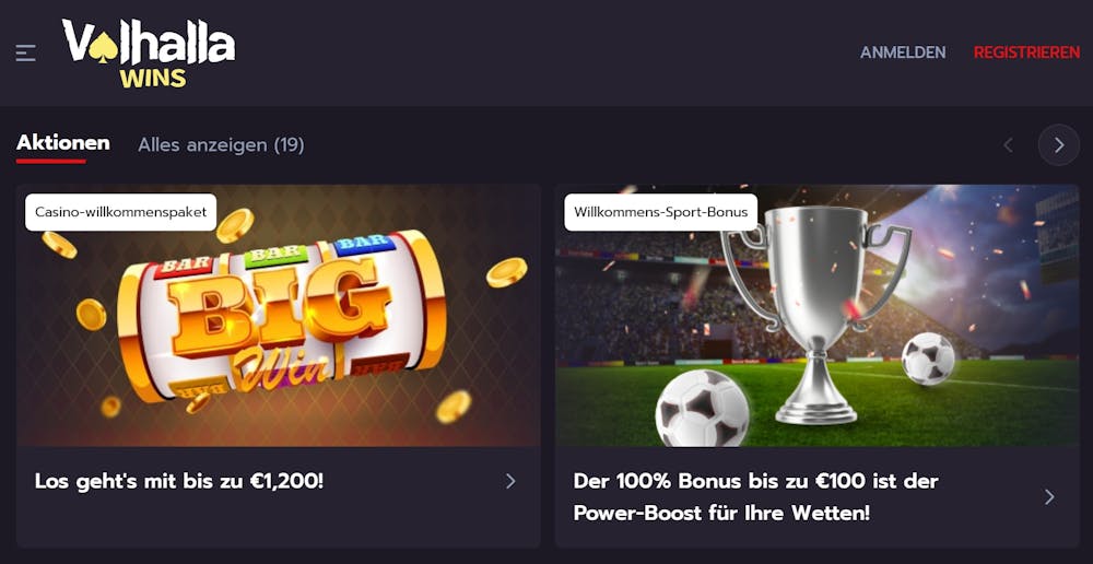 Screenshot vom Valhalla Wins Casino mit dem Casino Willkommensbonus und den Sportwetten Willkommensangebot.