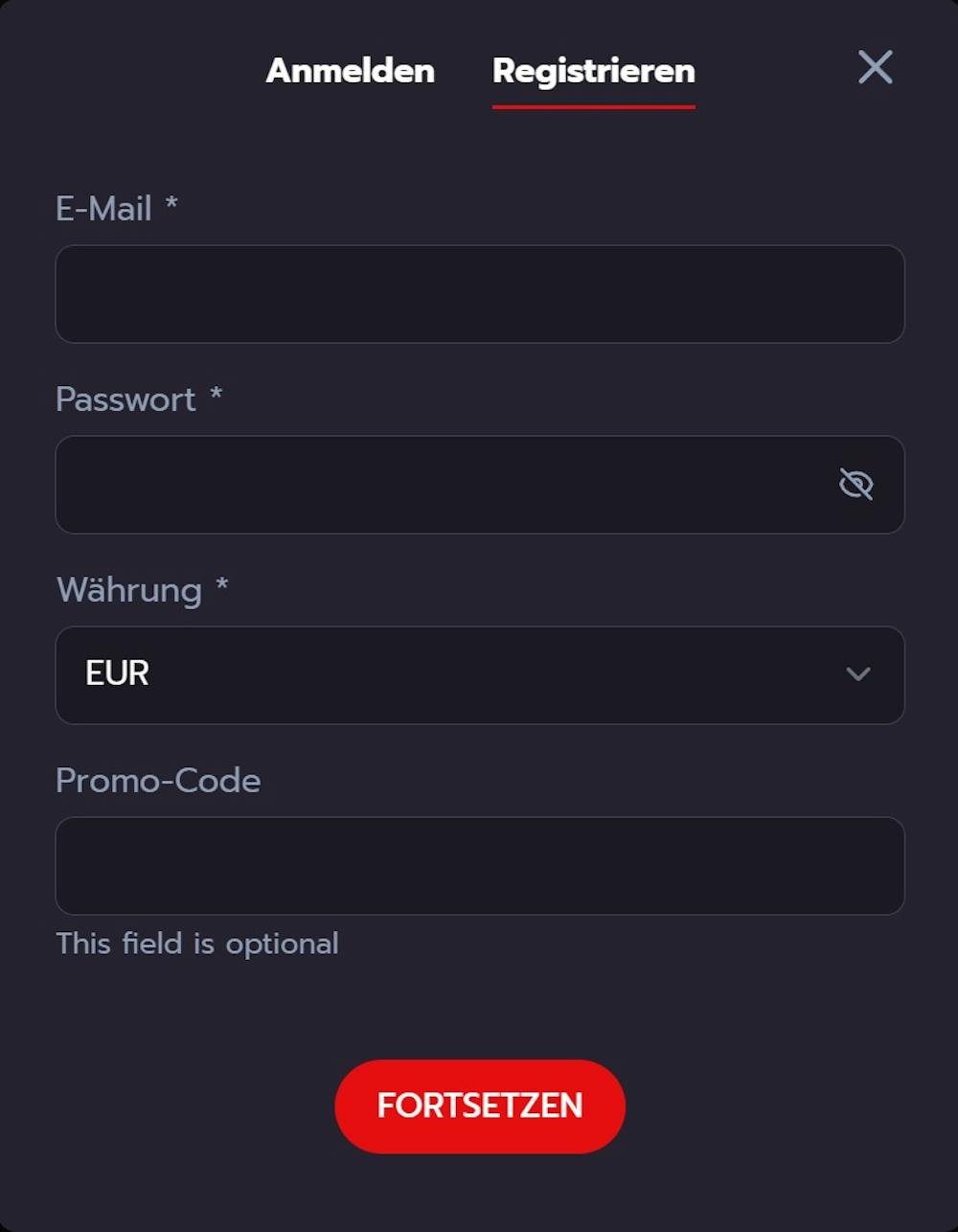 Valhalla Wins Casino Screenshot mit der Anmeldemaske zum Eingeben der Daten.