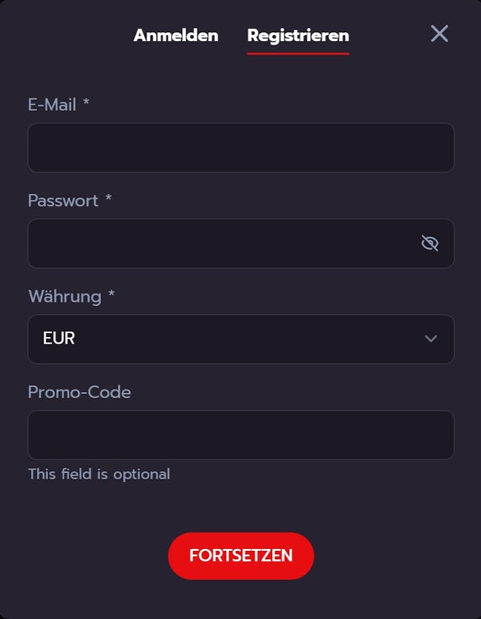 Valhalla Wins Casino Screenshot mit der Anmeldemaske zum Eingeben der Daten.