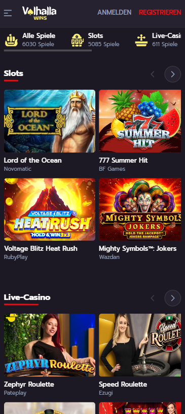 Spiellobby im Valhalla Wins Casino zeigt Slots wie Lord of the Ocean neben Live Casino Spielen