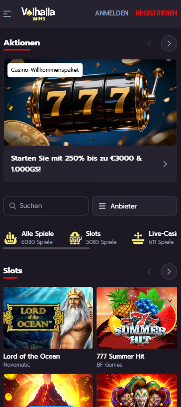 Screenshot vom Valhalla Wins Casino mit dem Casino Willkommensbonus und den Sportwetten Willkommensangebot.