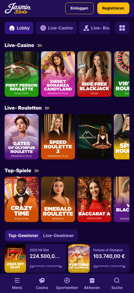 Spiellobby im Jasmin Slots Casino zeigt Live Casino Spiele wie First Person Roulette neben anderen Spielkategorien