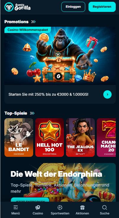 Startseite im GambleGorilla Casino zeigt Willkommensbonus und top Spiele