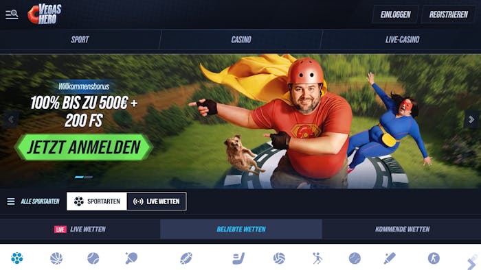 Vegas Hero Casino Screenshot mit der Startseite, welche den Willkommensbonus zeigt.