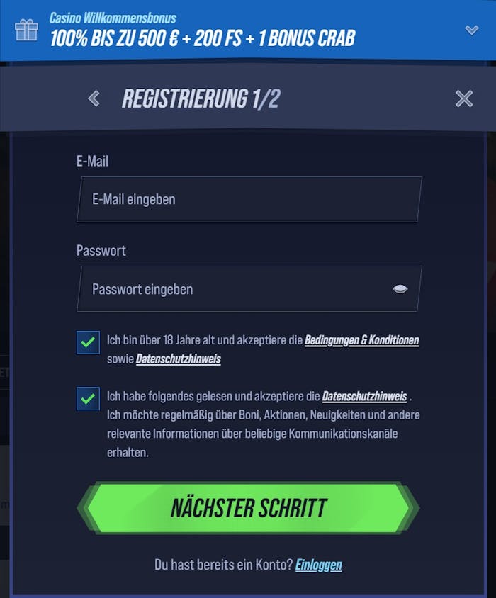 Vegas Hero Casino Screenshot mit der Anmeldeseite zum Eingeben der Daten.