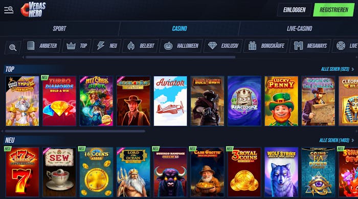 Screenshot vom Vegas Hero Casino mit der Spielauswahl.