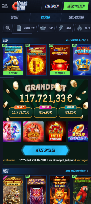Screenshot vom Vegas Hero Casino mit der Spielauswahl.