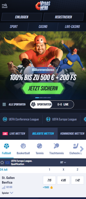 Vegas Hero Casino Screenshot mit der Startseite, welche den Willkommensbonus zeigt.