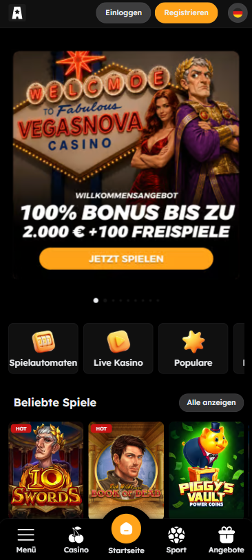 Vegas Nova Screenshot mit der Startseite und dem Willkommensbonus.