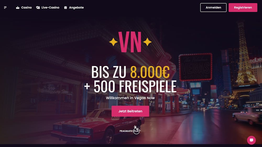 Screenshot vom Vegas Now Casino mit dem Willkommensangebot auf der Startseite bis 8.000 € und 500 Freispiele.