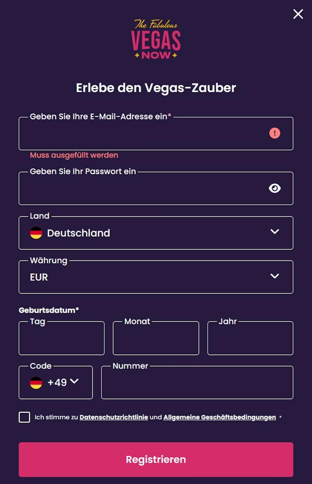 Vegas Now Casino Screenshot mit der Anmeldeseite zum Eingeben der Daten.
