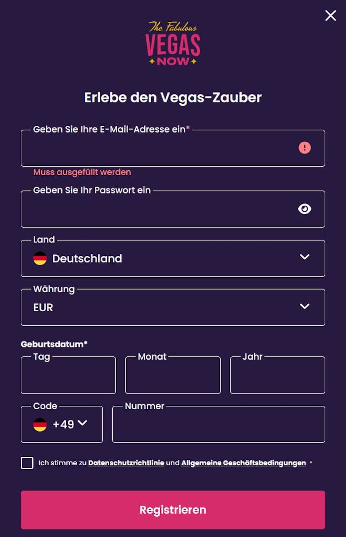 Vegas Now Casino Screenshot mit der Anmeldeseite zum Eingeben der Daten.