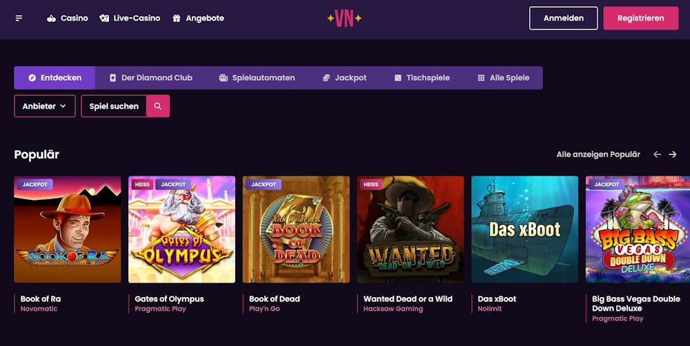 Vegas Now Casino Screenshot mit der Slot Auswahl, darunter der Gate of Olympus Slot.