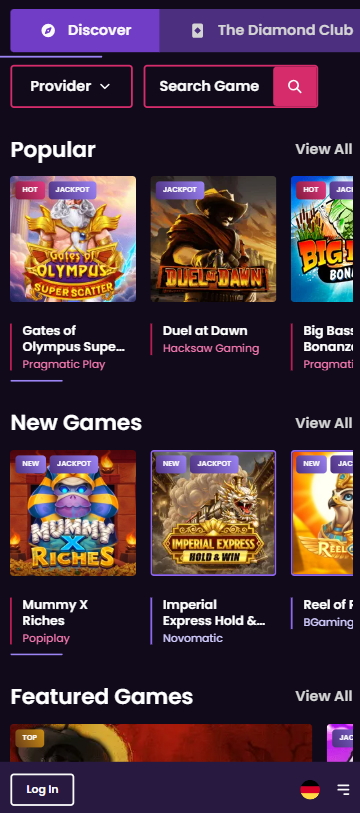 Vegas Now Casino Screenshot mit der Slot Auswahl, darunter der Gate of Olympus Slot.