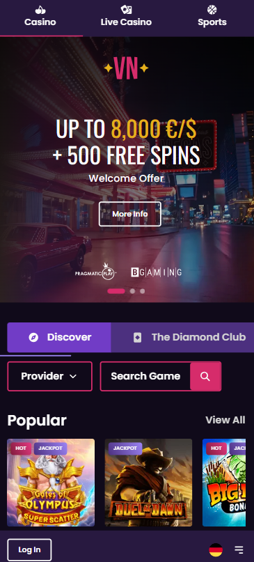 Screenshot vom Vegas Now Casino mit dem Willkommensangebot auf der Startseite bis 8.000 € und 500 Freispiele.