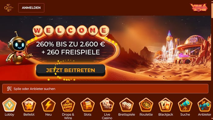Vegazone Casino Screenshot mit dem Willkommensangebot, das bis zu 2.600 € und 260 Freispiele umfasst.