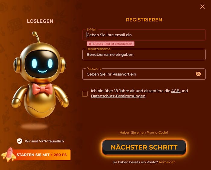 Vegazone Casino Screenshot mit der Anmeldeseite zum Eingeben der Daten.