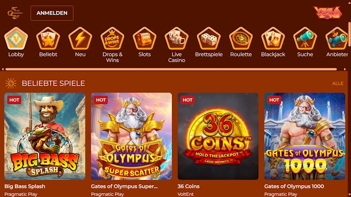 Vegazone Casino Screenshot mit der Slot Auswahl.