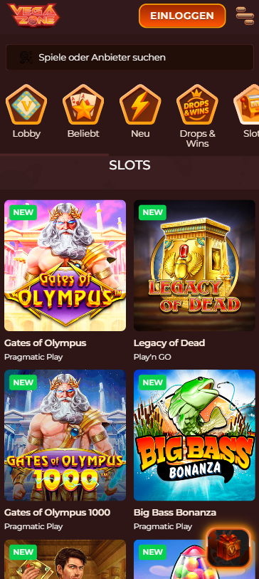 Vegazone Casino Screenshot mit der Slot Auswahl.