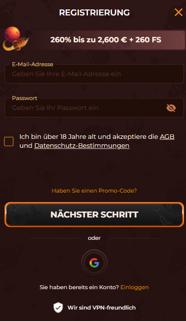 Vegazone Casino Screenshot mit der Anmeldeseite zum Eingeben der Daten.