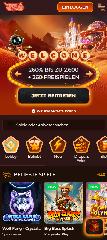 Vegazone Casino Screenshot mit dem Willkommensangebot, das bis zu 2.600 € und 260 Freispiele umfasst.