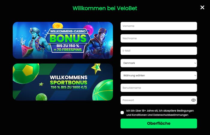 Velobet Registrierung