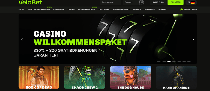 Velobet Casino Screenshot mit der Startseite, welche den aktuellen Willkommensbonus anzeigt.
