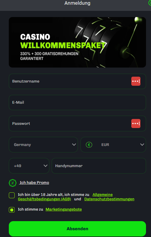 Velobet Casino Screenshot mit der Anmeldeseite zum Eingeben der persönlichen Daten.
